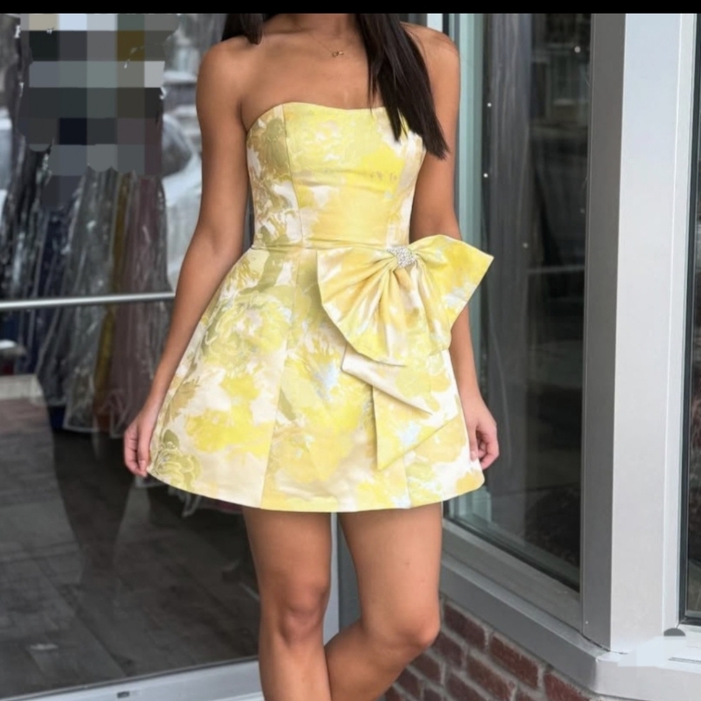 Jovani Yellow Floral Strapless Mini Dress